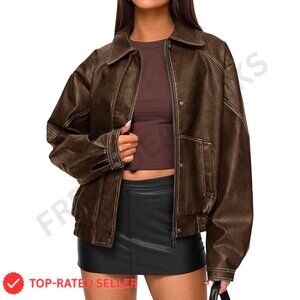 Oversized Faux Leather Bomber Jacket Retro Motorcycle Chic Fall Winter Coat